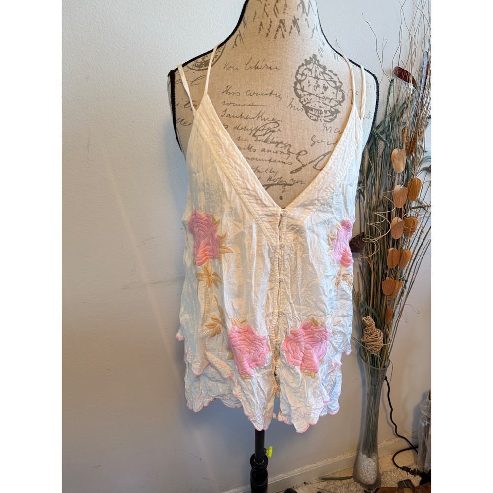 Free People Womens White Pink Rose Embroidered Boho‎ Button Front Cami Top M